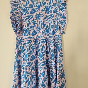 Pink & Blue Floral Tiered Midi Dress